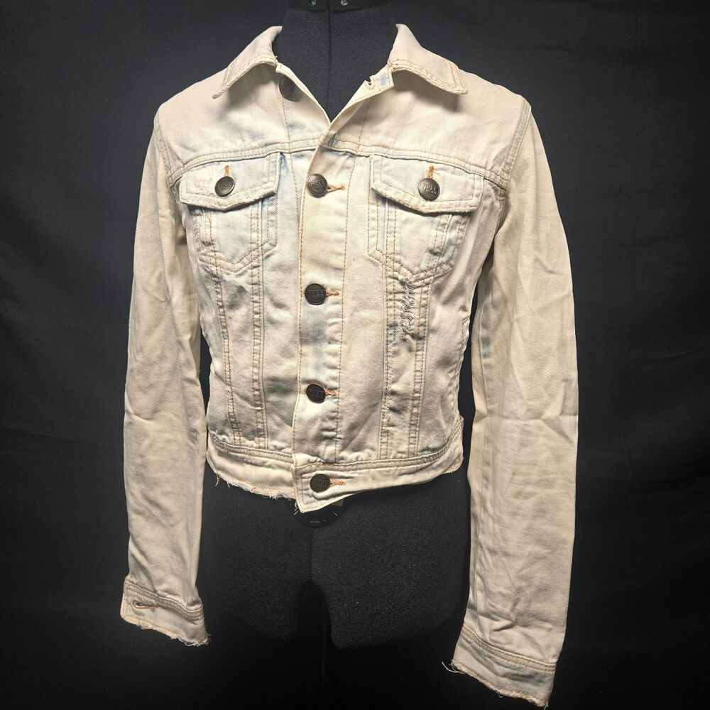 Free People Womens 2 Cropped Denim Jean Jacket Distressed Acid Wash Trucker
